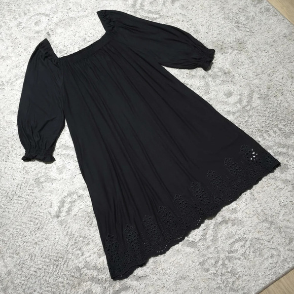DEMOCRACY 3/4 Smocked Sleeves Square Neck Black Shift Dress, Eyelet Hem, 3X - Picture 8 of 16